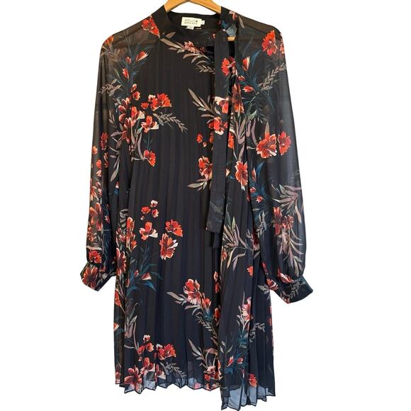 Molly Bracken Dresses & Skirts - MOLLY BRACKEN Pleated Long Sleeve Black Floral Dress Sz L